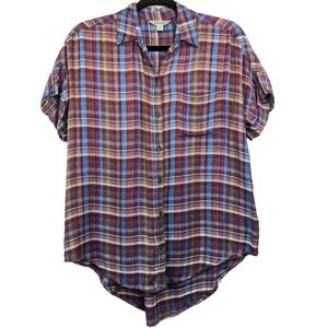 Lucky Brand Plaid Short Sleeve Button Up Blouse